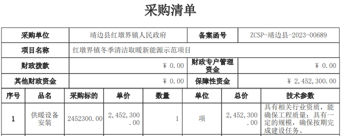 靖邊縣紅墩界鎮(zhèn)冬季清潔取暖新能源示范采購項目招標(biāo)公告